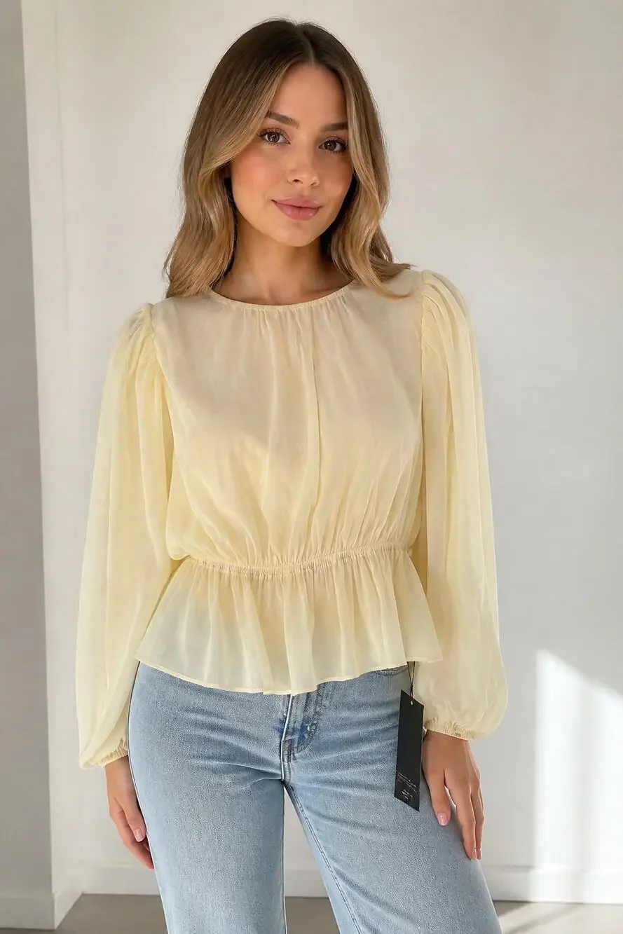 ASTR The Label Lemon Yellow Sheer Peplum Blouse S